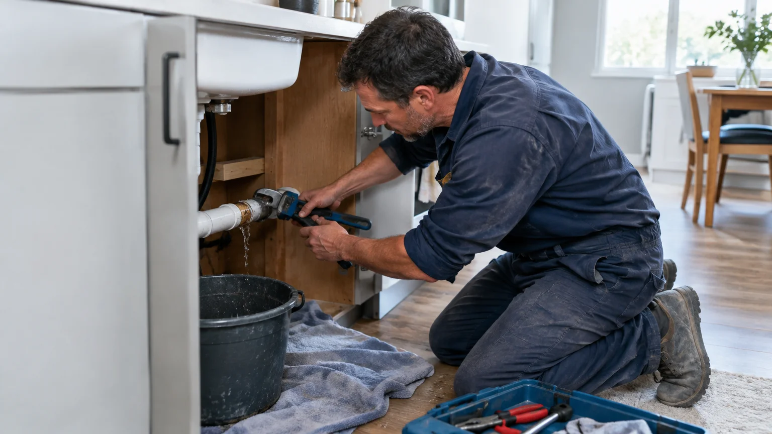 Burst pipe repair scene in a commercial Omaha plumbing service setting