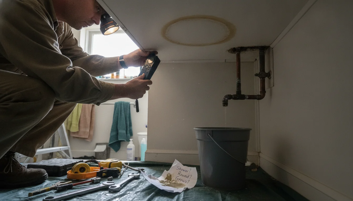 Growing round ceiling stain near a bathroom with slight drywall warping—possible hidden water leak in Jefferson City
