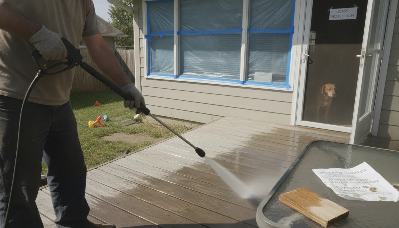 Avoid trapping heat under plastic in sun; mask low glass; close windows; set doors to latch before deck washing