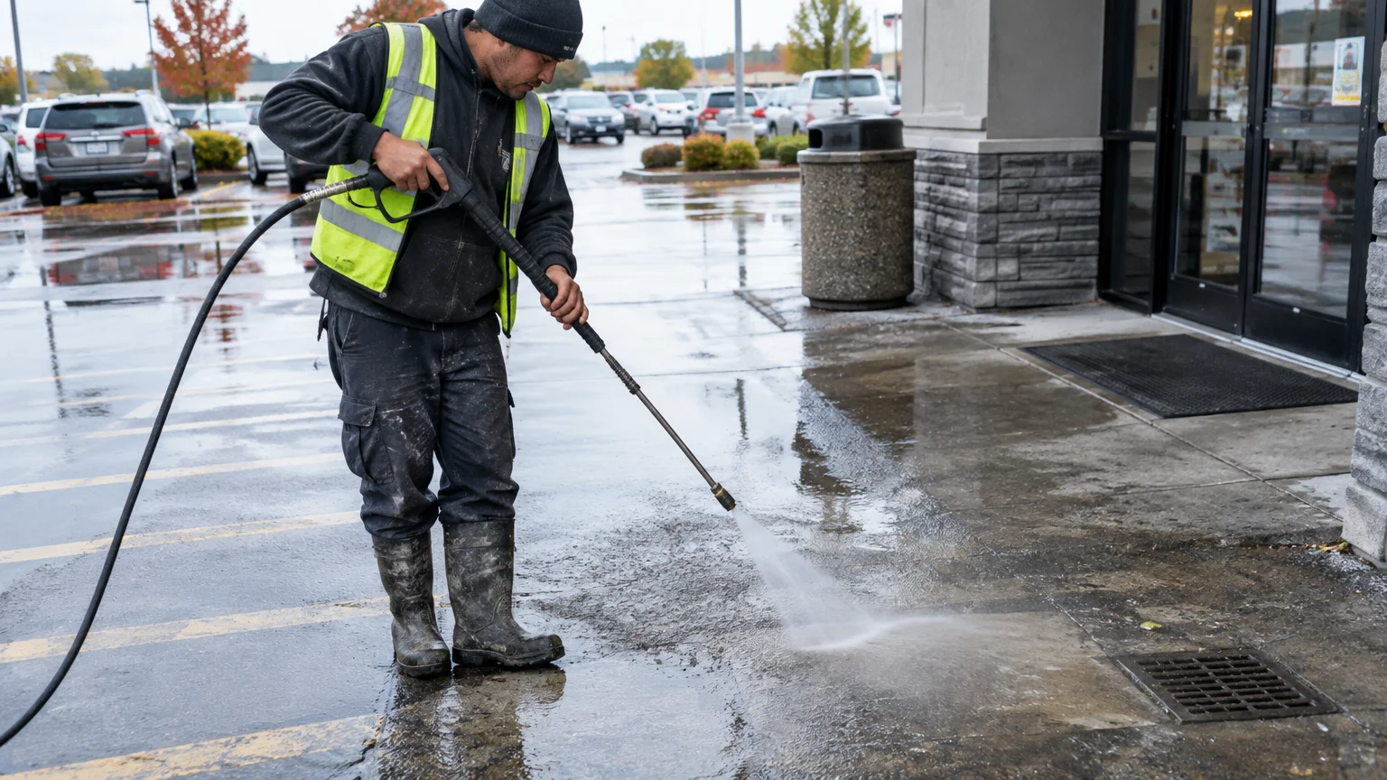 Parking lot pressure washing signs indicate cleaning is due in Spartanburg area