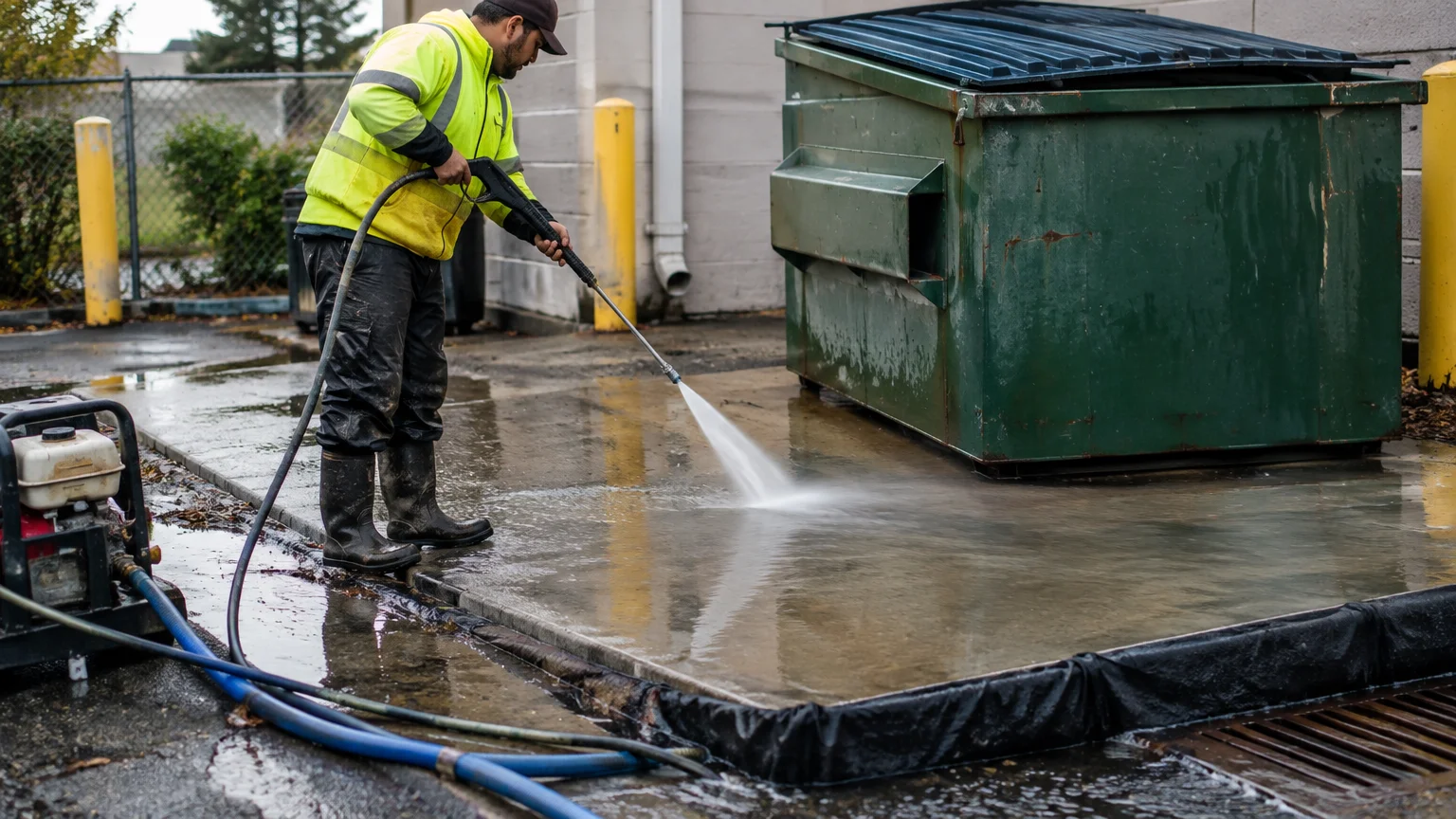 Dumpster pad pressure washing in Spartanburg protects drains and surrounding areas