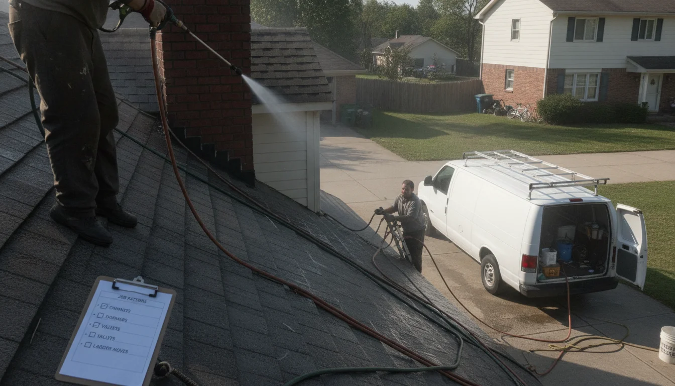Setup time and access affect pressure washing cost; pros may choose soft wash from ground in Spartanburg