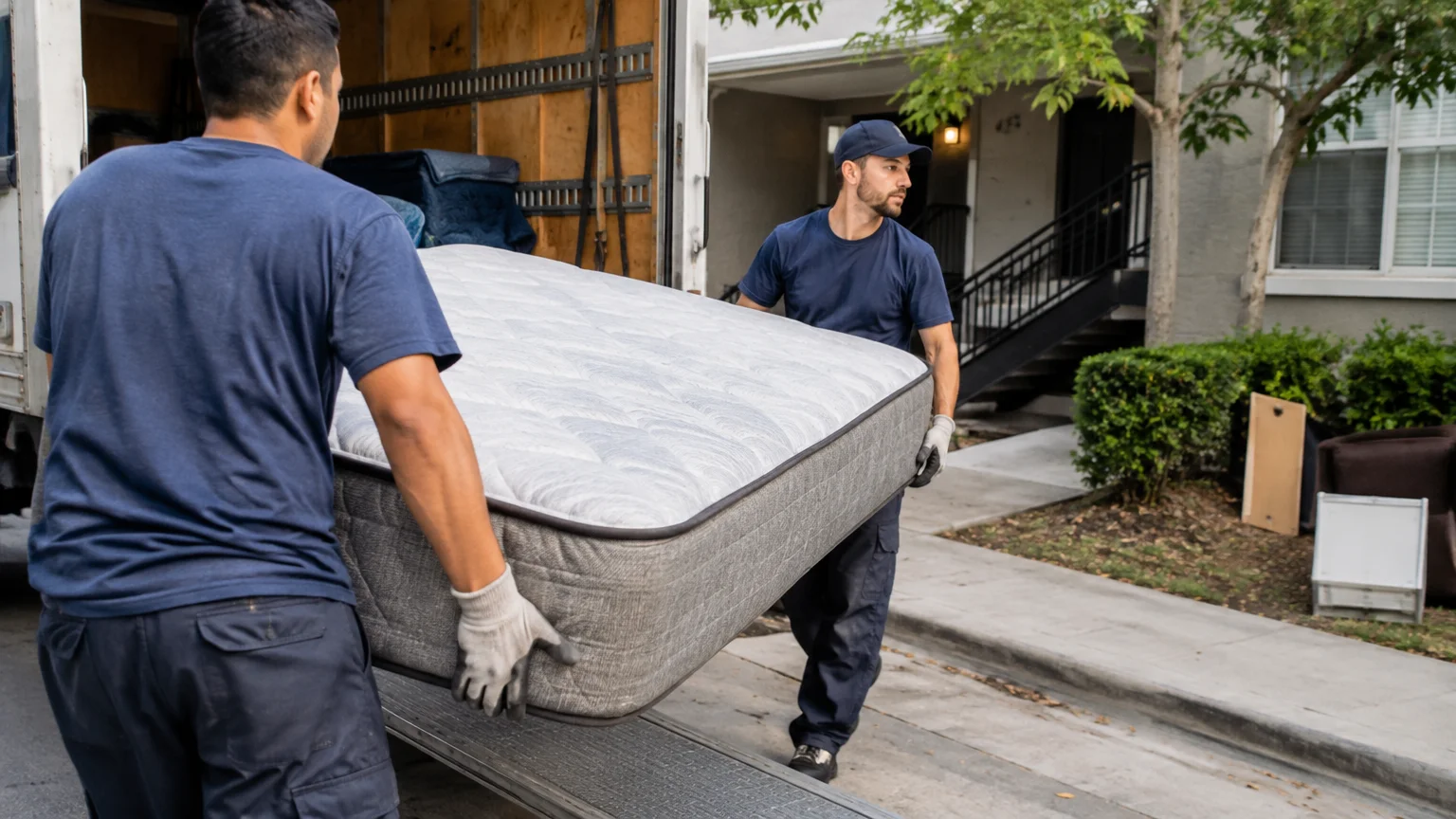 Professional mattress pickup service in San Mateo explaining scheduling and pickup details to a customer