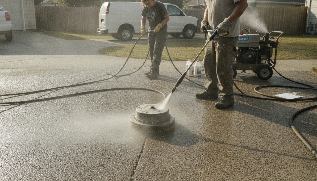 Nozzle selection controls pressure for soft wash or tough spots; surface cleaners keep an even height on driveways