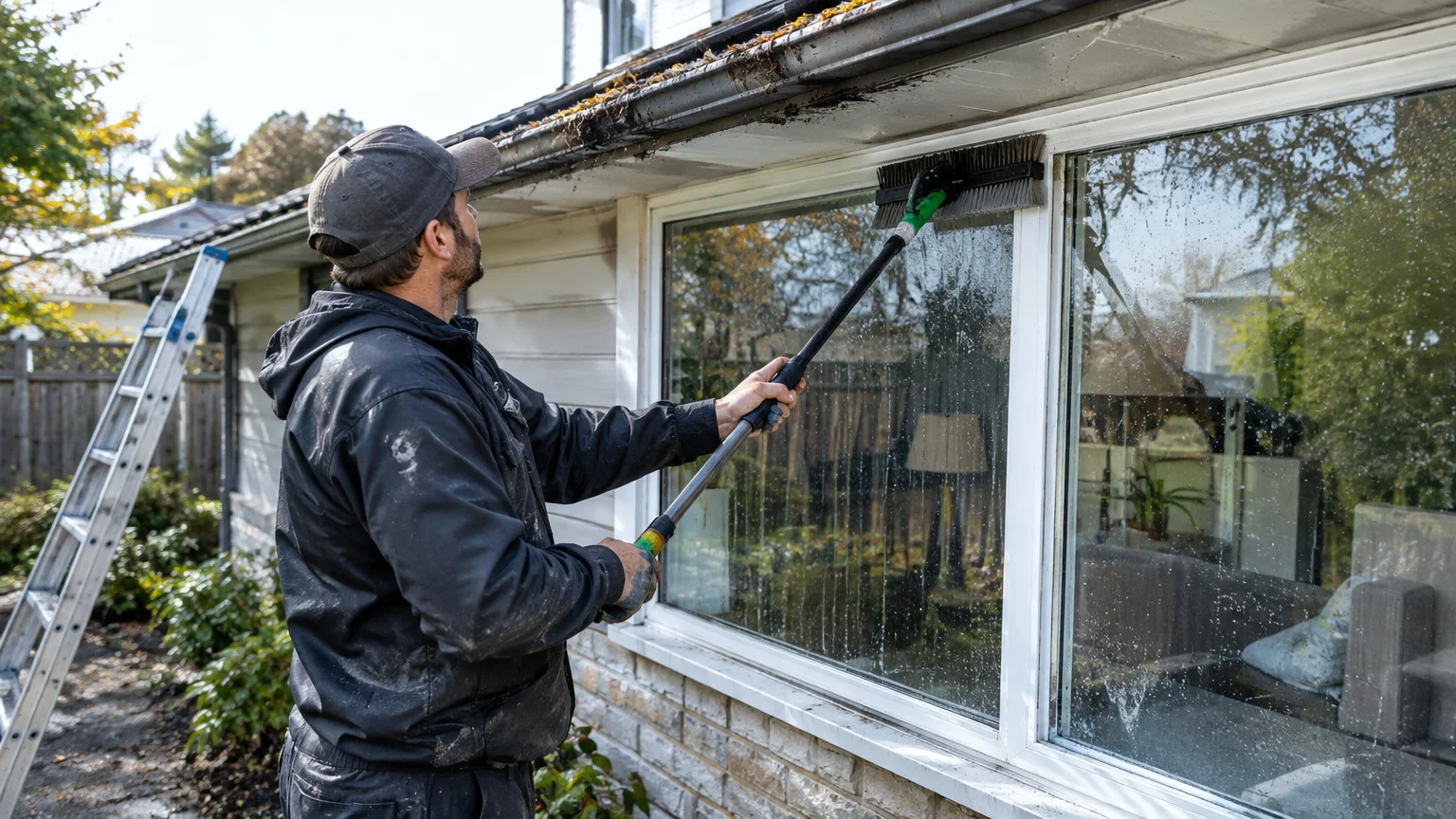 Window and pressure cleaning for Sandy Springs home; cleaning runoff from gutters and roof edges