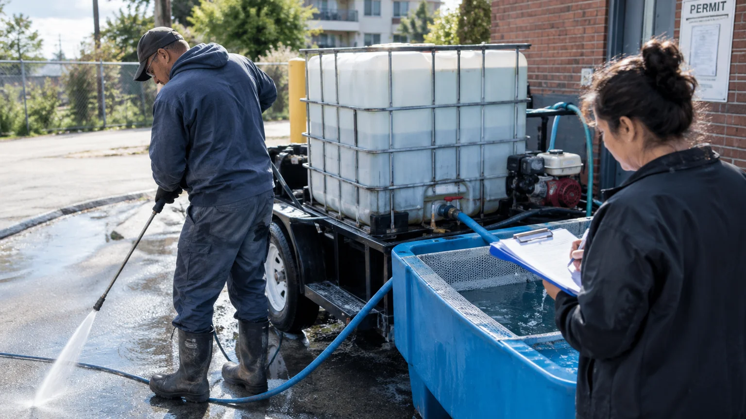 Pressure washing water reclaim system; permits, disposal records, and safety information for Salem area