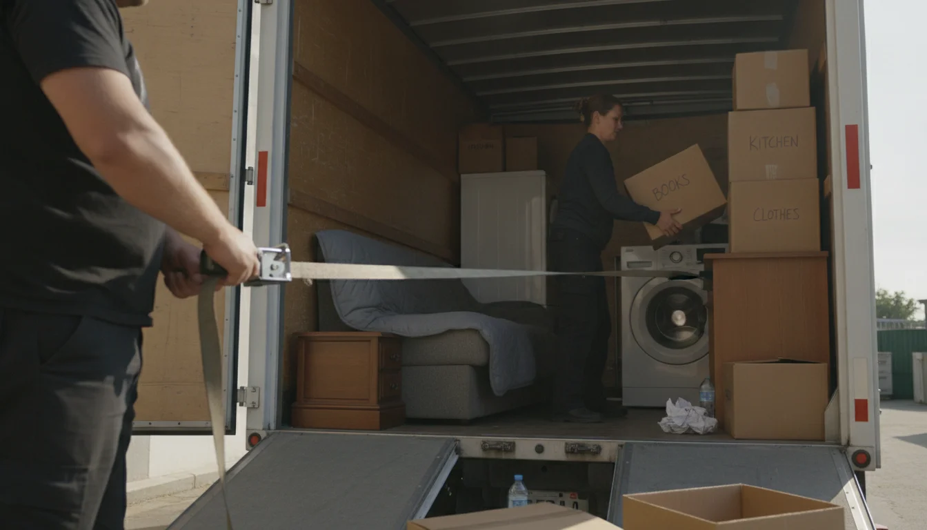 Asheville Movers loading a truck: strap first layer, pad contact points, then add furniture and heavy boxes