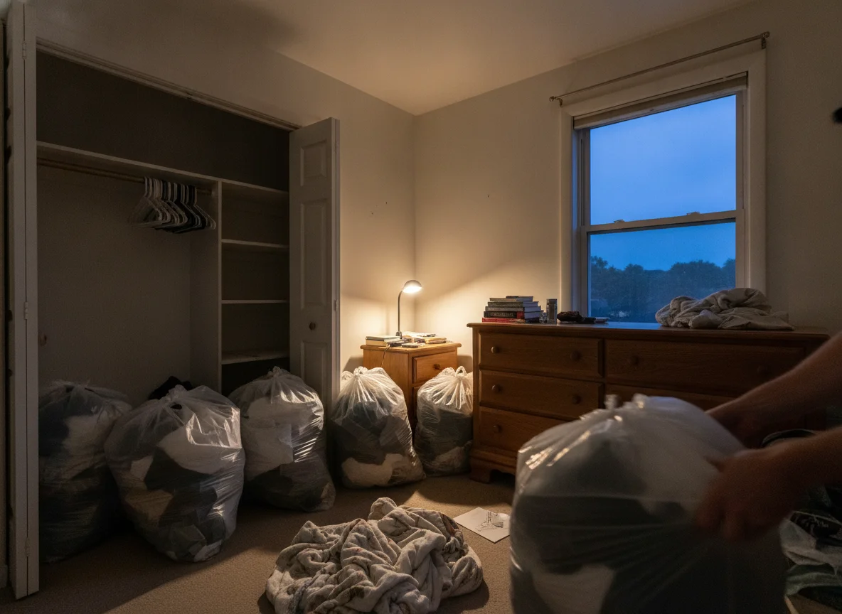 Bedroom being cleared quickly with bedding and clothes bagged by the door at dusk