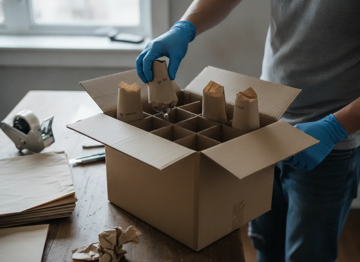 Wrapped wine glass being packed upright into a cell-divider carton