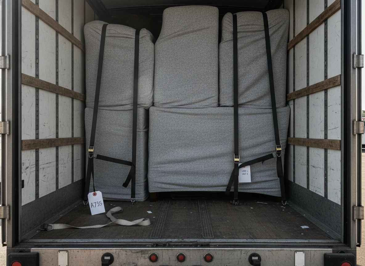 Wrapped furniture strapped and inventory-tagged inside a long-distance moving trailer