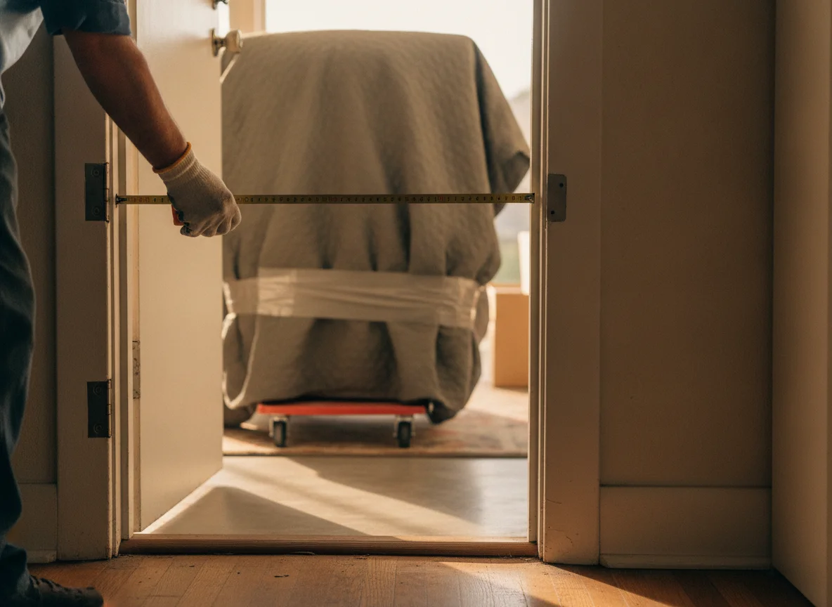 Doorway being measured with a tape before a wrapped armchair is carried through