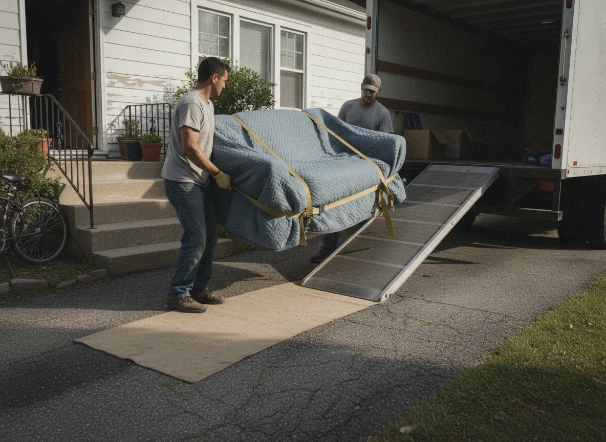Movers carrying a blanket-wrapped sofa down front steps to a moving truck