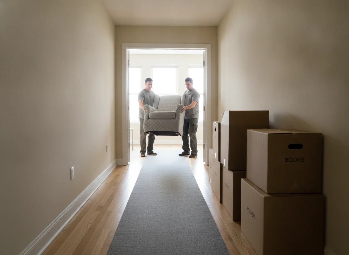 Movers carrying a wrapped armchair out through a bright apartment doorway