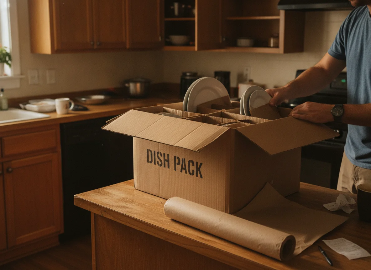 Plates packed on edge in a dish-pack carton on a kitchen counter during a house move
