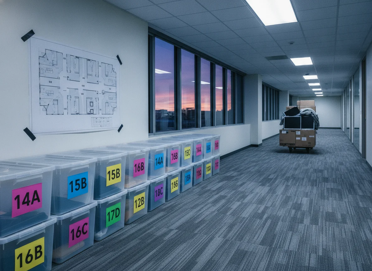Numbered moving crates stacked in an empty office beside a labeled floor plan