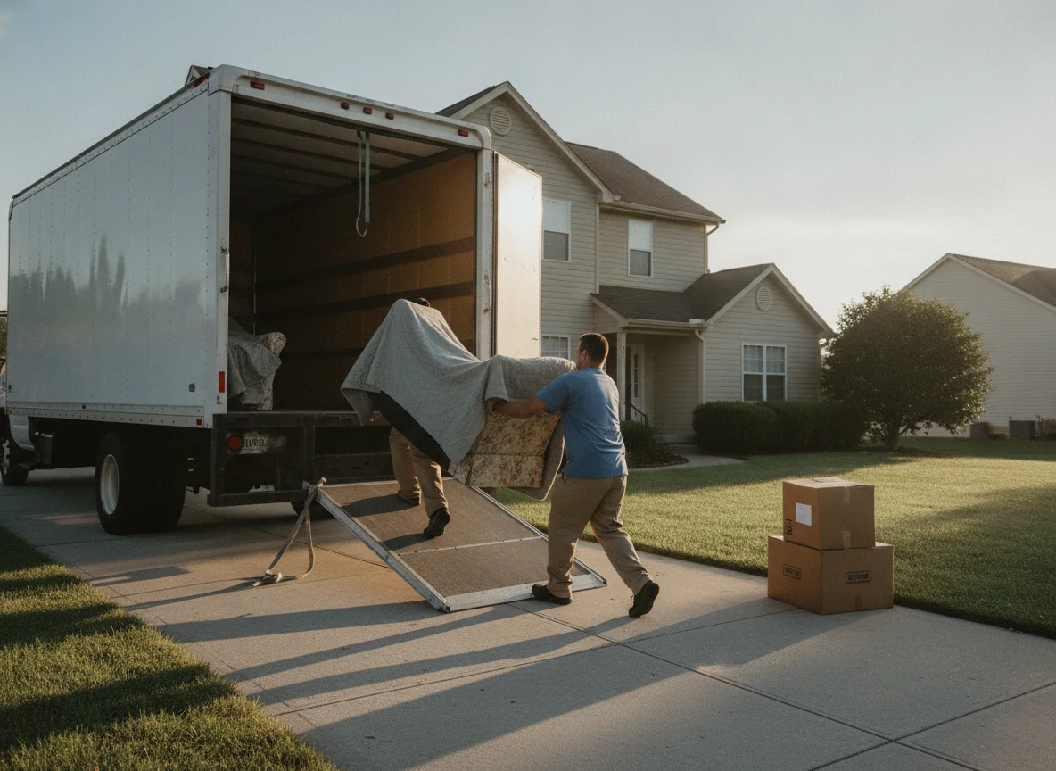 Movers carrying a wrapped armchair up the ramp of a moving truck outside a home