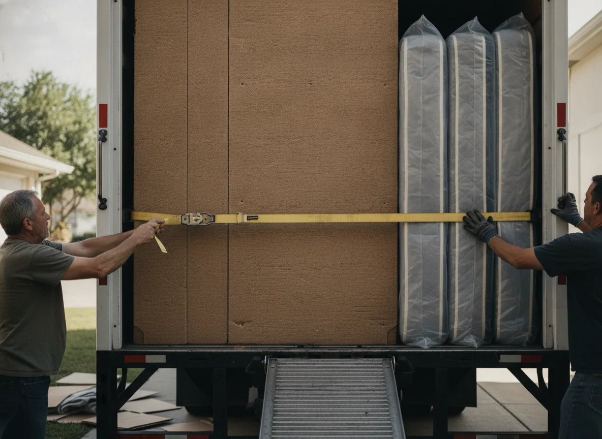Rental truck being loaded in strapped tiers with mattresses upright along the wall